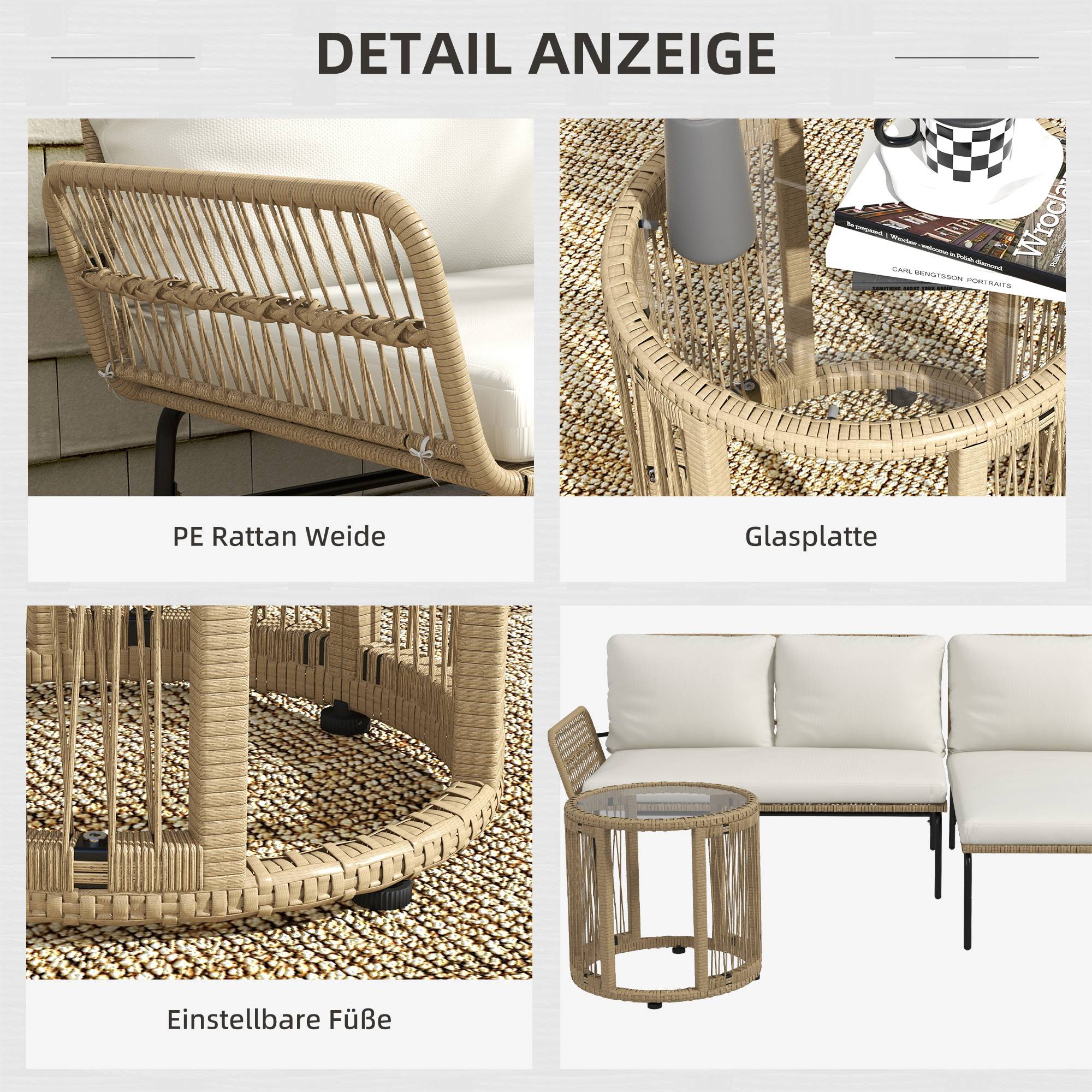 ComfortXL - Salon de jardin 3 pièces en résine tressée coloris naturel et crème avec canapé méridienne table basse extérieur - Image 6