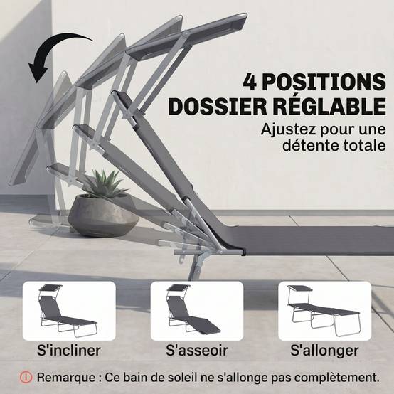Transat pliable métal pour plage avec pare-soleil réglable 187x58x36cm gris - ComfortXL Outdoor Living - Image 7