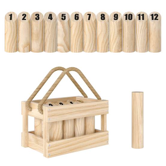 Jeu de bowling finlandais en bois avec 12 quilles, 1 queue et étui de transport pour adultes, style jardin naturel - Image 1