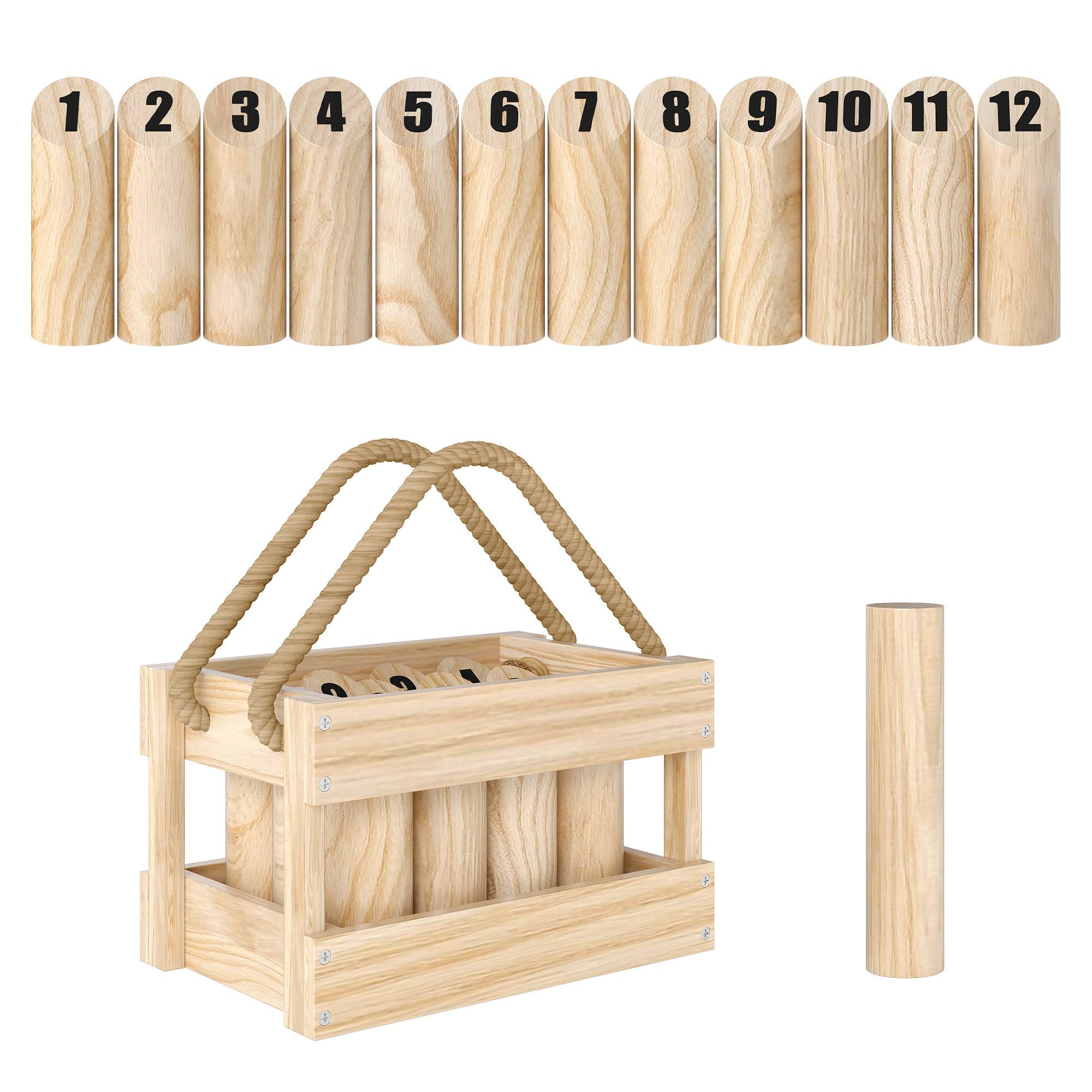 Jeu de bowling finlandais en bois avec 12 quilles, 1 queue et étui de transport pour adultes, style jardin naturel - Image 1