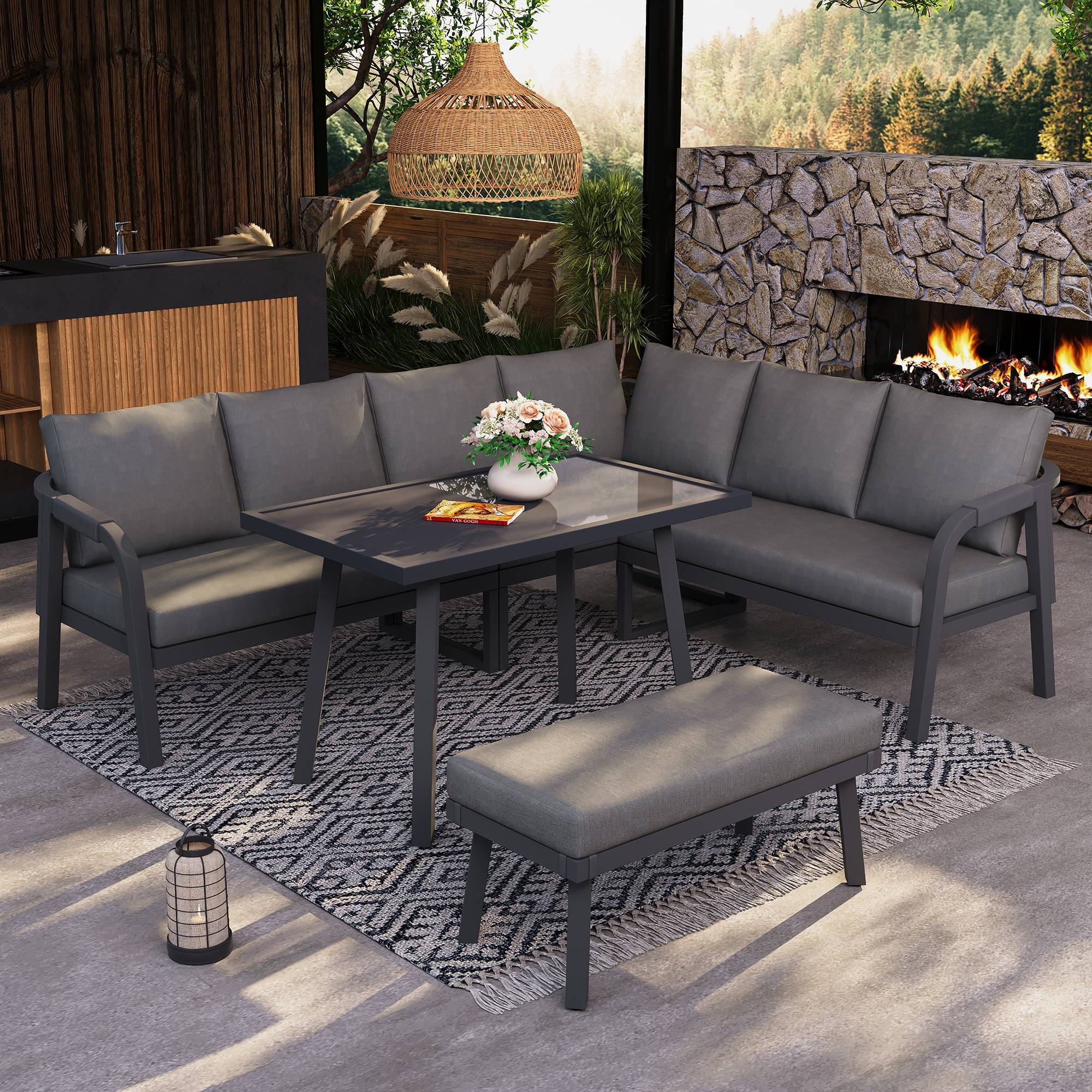ComfortXL - Salon de jardin d'angle acier et corde pour terrasse repas 8 places gris - ComfortXL Outdoor Living - Image 8
