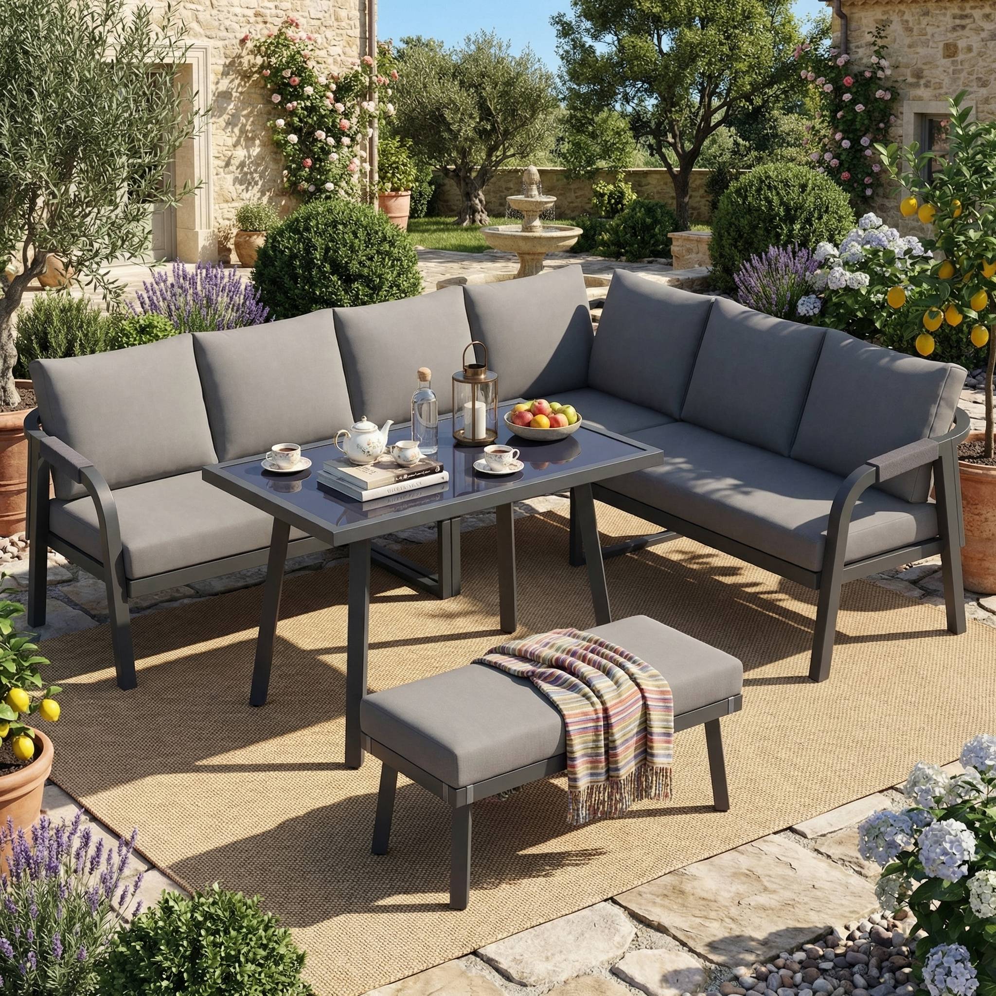 ComfortXL - Salon de jardin d'angle acier et corde pour terrasse repas 8 places gris - ComfortXL Outdoor Living