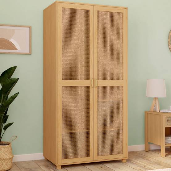 Armoire 2 portes EDHEN bois et cannage penderie 80 cm avec étagères rangement - Image 1
