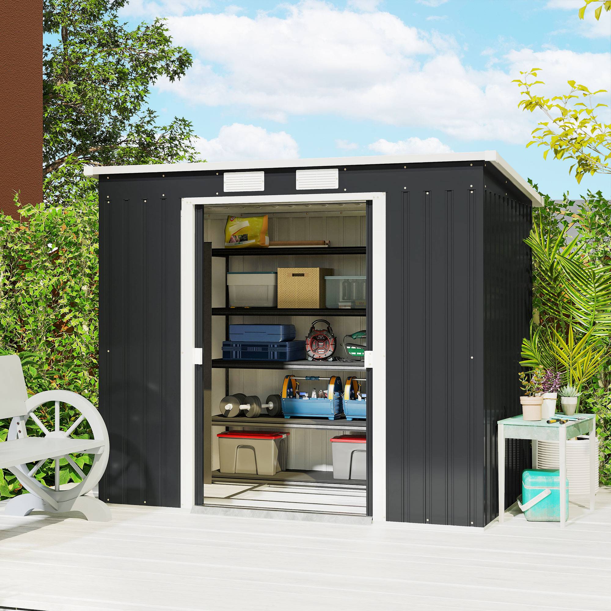 Abri de jardin acier galvanisé 213x130x172 cm gris foncé, portes coulissantes fenêtres ventilation cabanon - Image 3