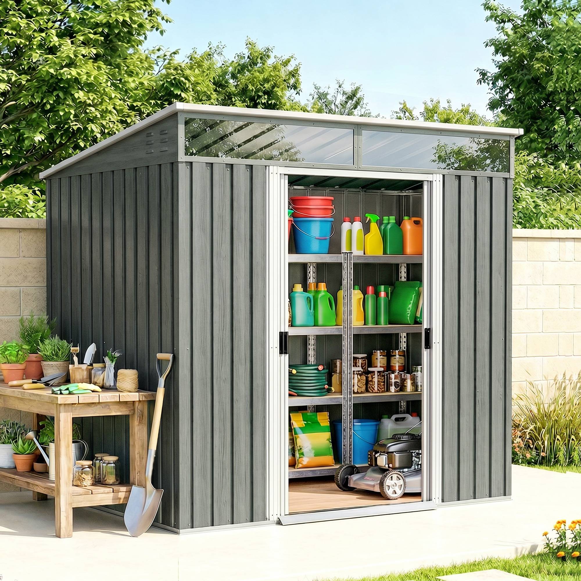 Abri de jardin 195 x 122 x 181,5 cm porte coulissante, 2 fenêtres et protection UV pour rangement des outils - Image 4