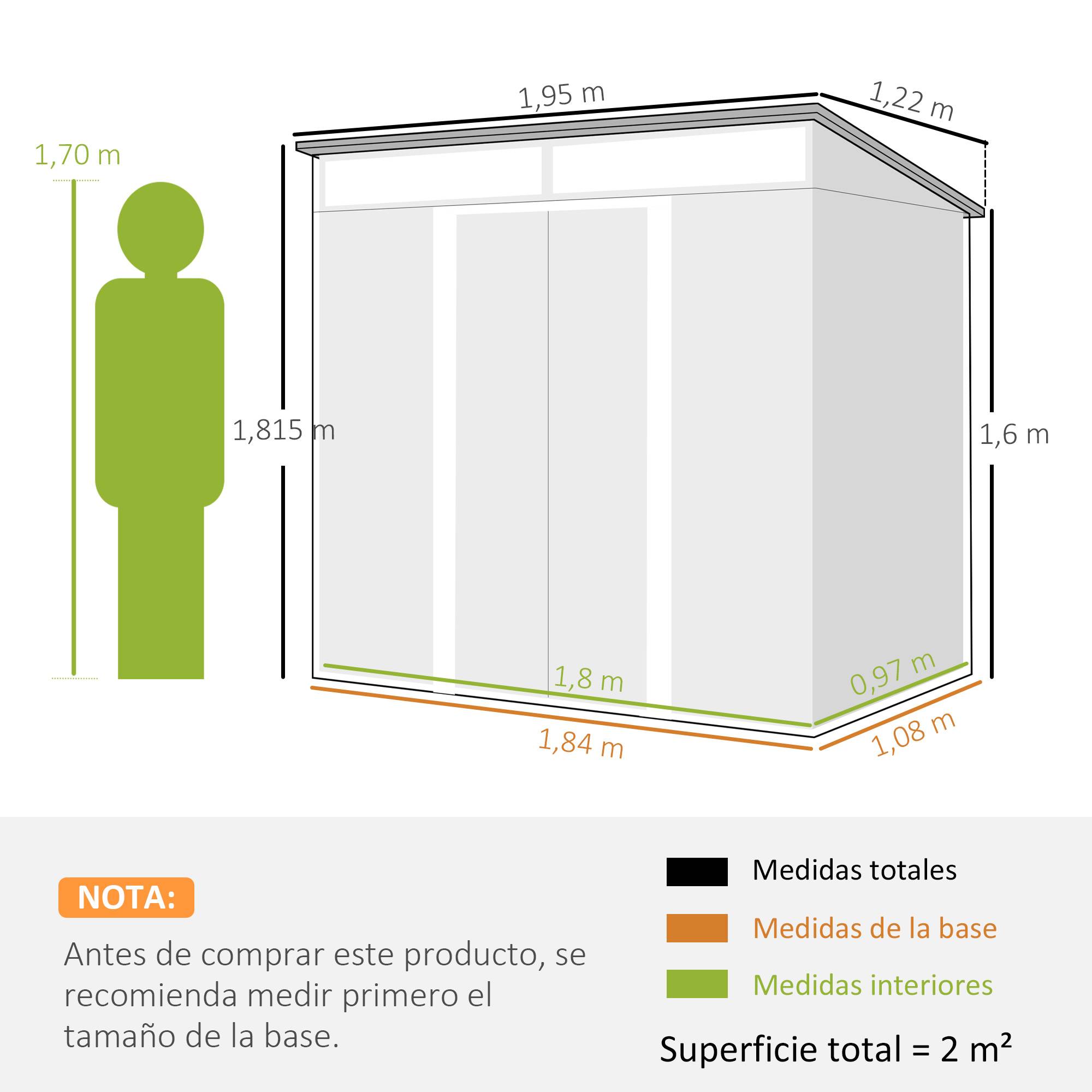 Abri de jardin 195 x 122 x 181,5 cm porte coulissante, 2 fenêtres et protection UV pour rangement des outils - Image 5