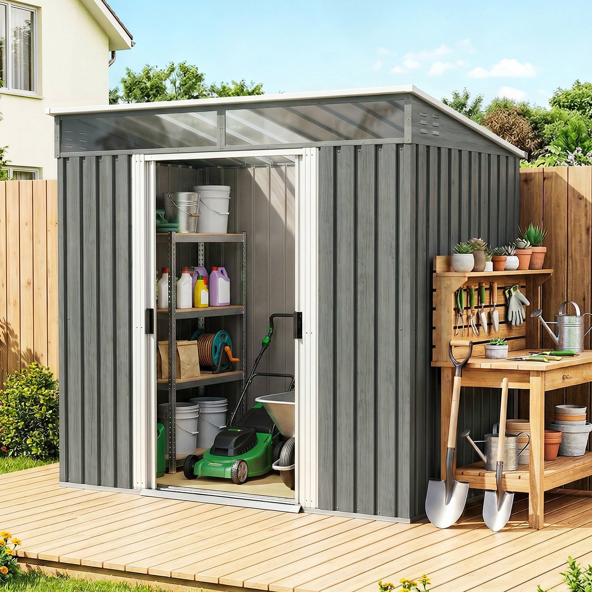 Abri de jardin 195 x 122 x 181,5 cm porte coulissante, 2 fenêtres et protection UV pour rangement des outils - Image 3