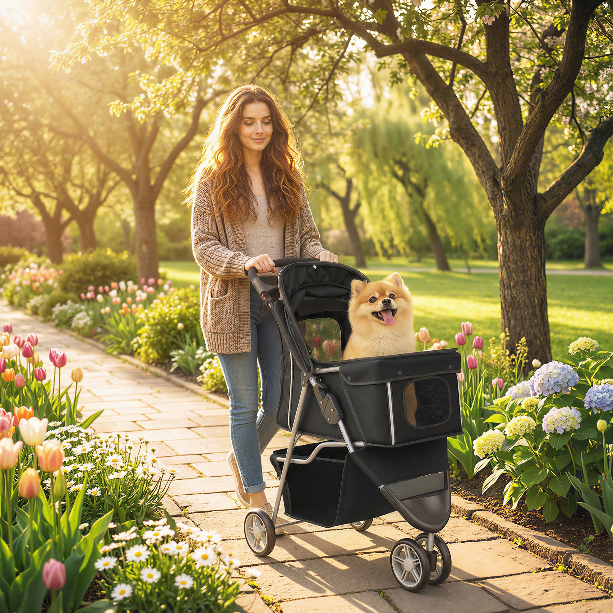Sans Marque - Poussette pliante chien porte-gobelet panier acier tissu Oxford 77x44x102 cm noire - Image 3