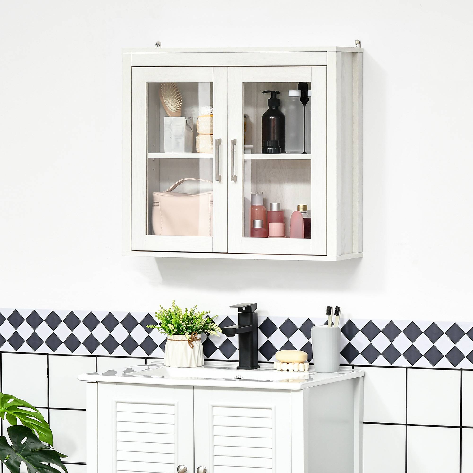 Sans Marque - Meuble salle bain mural portes vitrées étagère réglable mobilier suspendu moderne 60x19,5x54 cm blanc - Image 4
