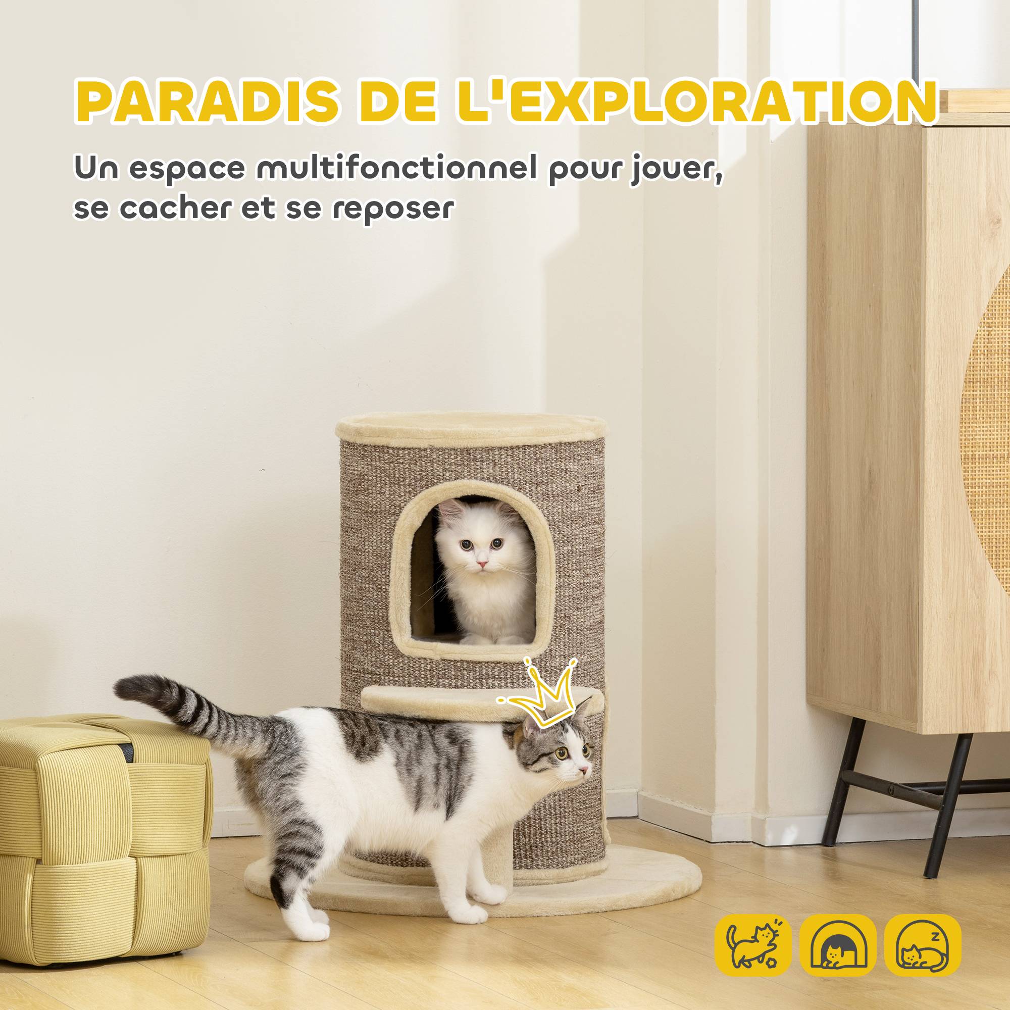Tonneau griffoir chat sisal peluche 2 niveaux plateforme jeu 60x60x61cm beige - ComfortXL Outdoor Living - Image 6
