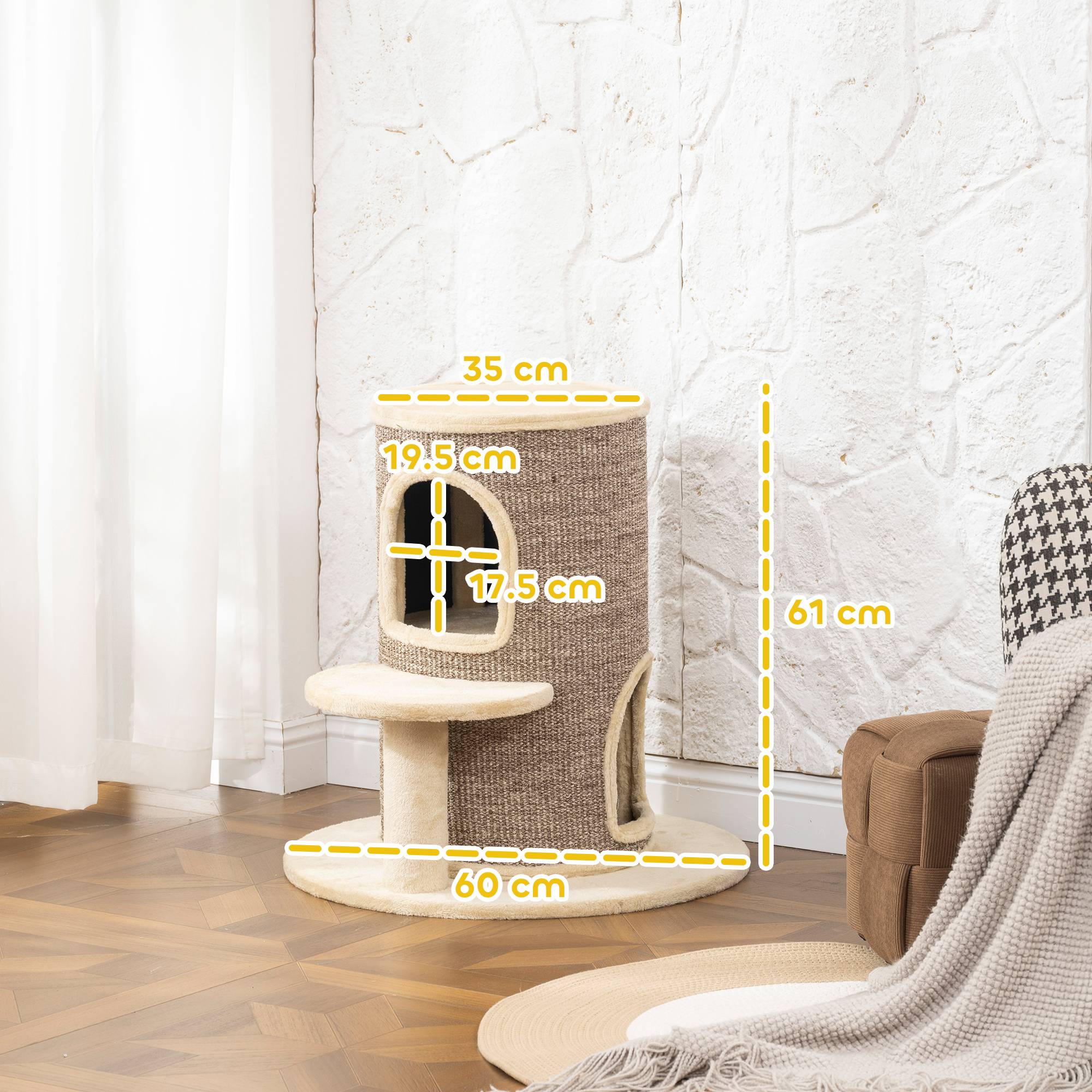 Tonneau griffoir chat sisal peluche 2 niveaux plateforme jeu 60x60x61cm beige - ComfortXL Outdoor Living - Image 5