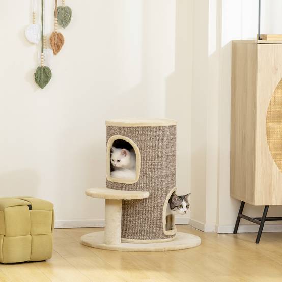 Tonneau griffoir chat sisal peluche 2 niveaux plateforme jeu 60x60x61cm beige - ComfortXL Outdoor Living - Image 3