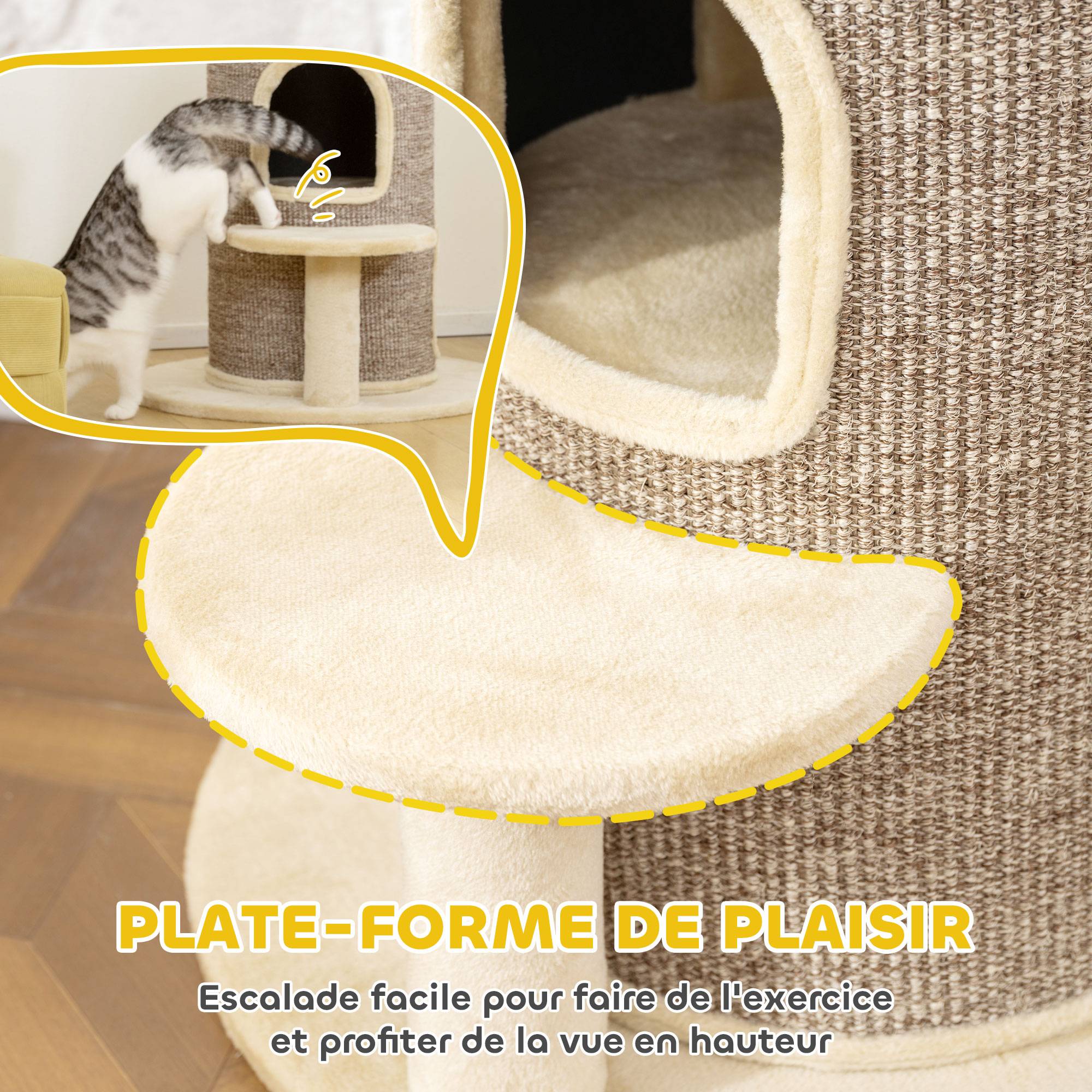 Tonneau griffoir chat sisal peluche 2 niveaux plateforme jeu 60x60x61cm beige - ComfortXL Outdoor Living - Image 9