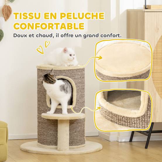 Tonneau griffoir chat sisal peluche 2 niveaux plateforme jeu 60x60x61cm beige - ComfortXL Outdoor Living - Image 8