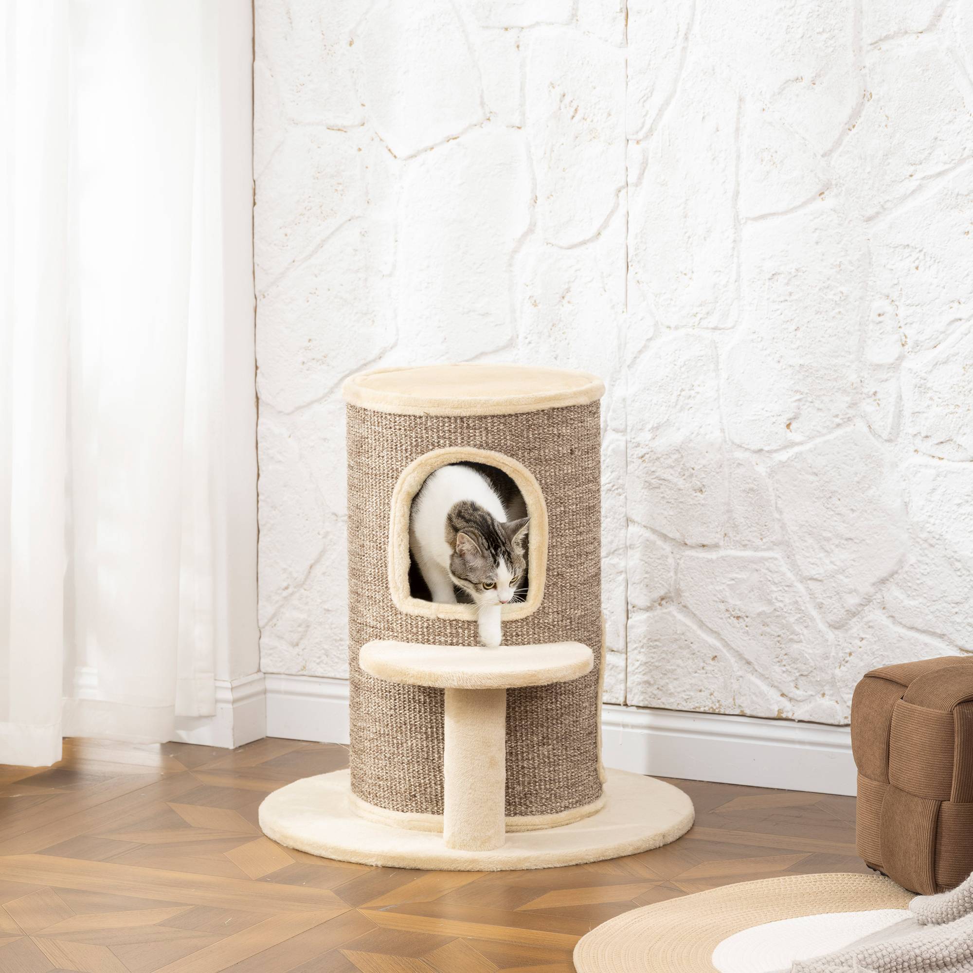 Tonneau griffoir chat sisal peluche 2 niveaux plateforme jeu 60x60x61cm beige - ComfortXL Outdoor Living - Image 4