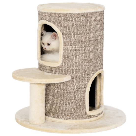 Tonneau griffoir chat sisal peluche 2 niveaux plateforme jeu 60x60x61cm beige - ComfortXL Outdoor Living - Image 1