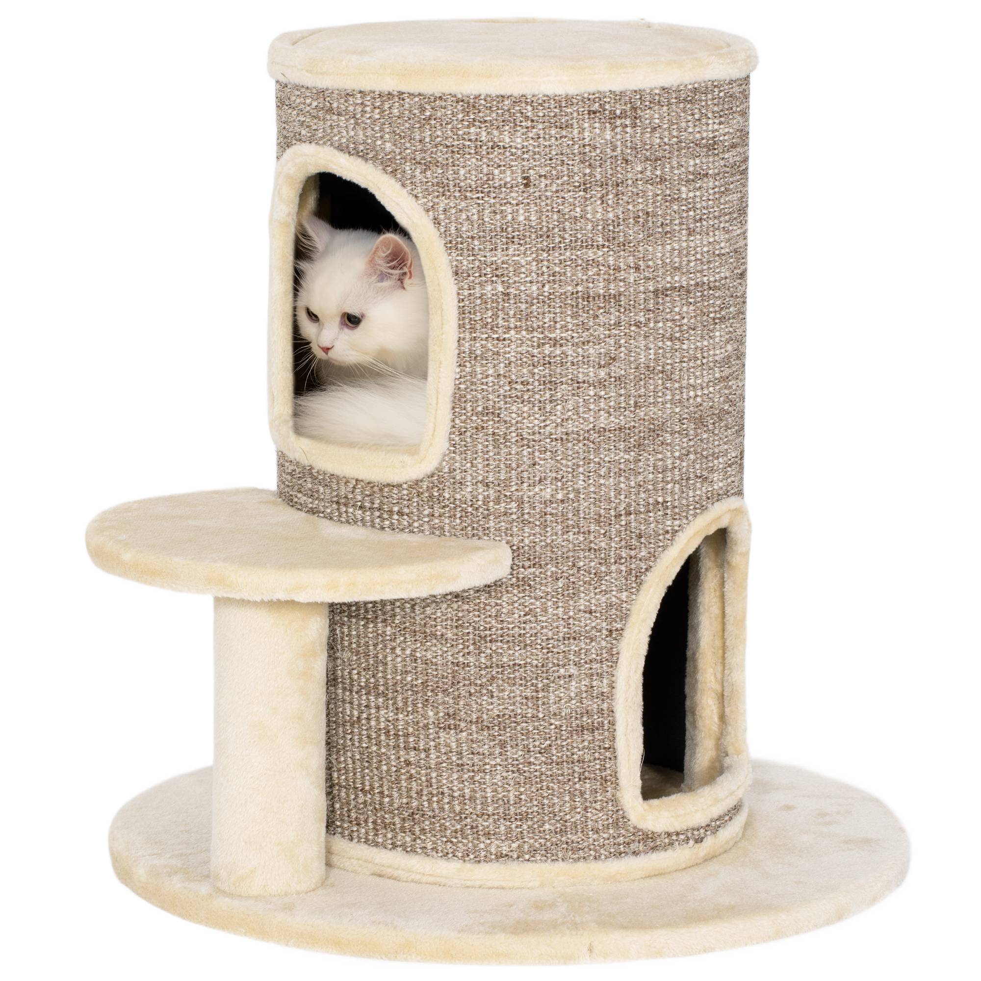 Tonneau griffoir chat sisal peluche 2 niveaux plateforme jeu 60x60x61cm beige - ComfortXL Outdoor Living - Image 1