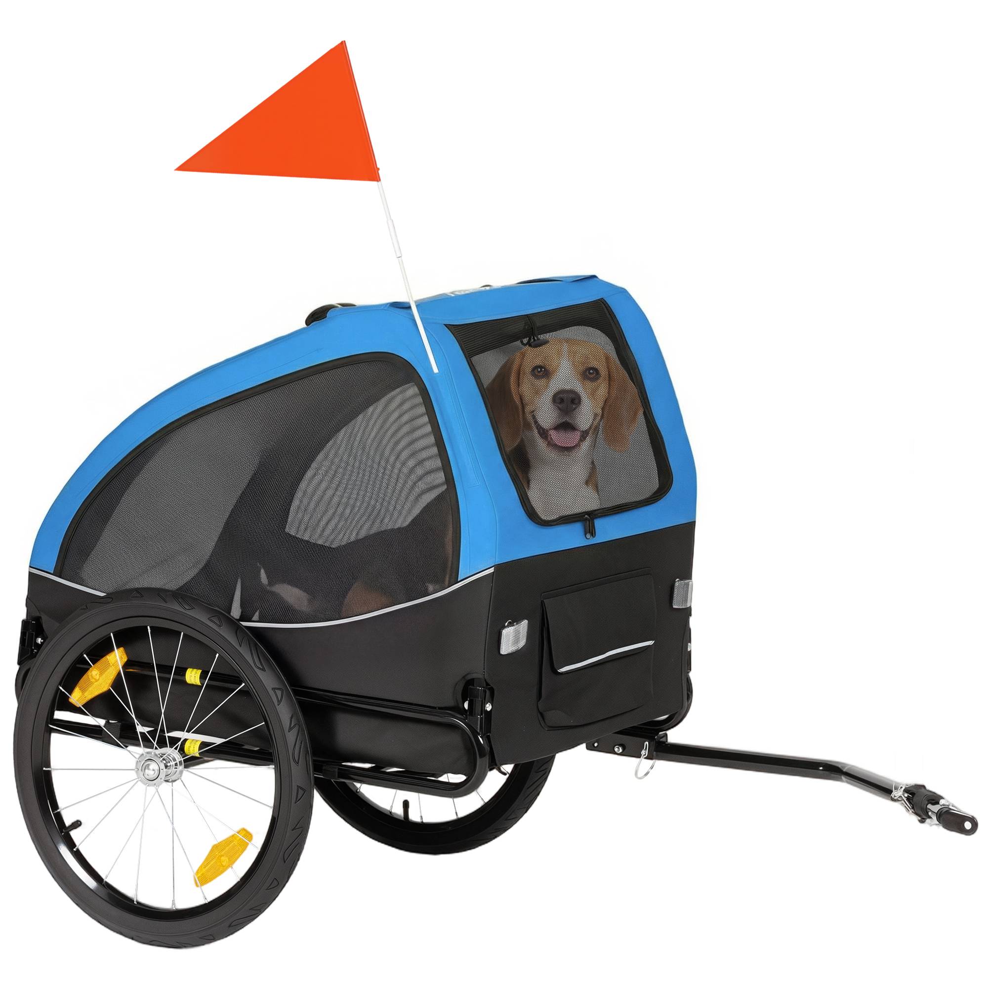 Remorque chien pliable, réflecteurs, fenêtres mesh, roues, porte, drapeau, chiens 20 kg, 138x70x89 cm, bleu - Image 1