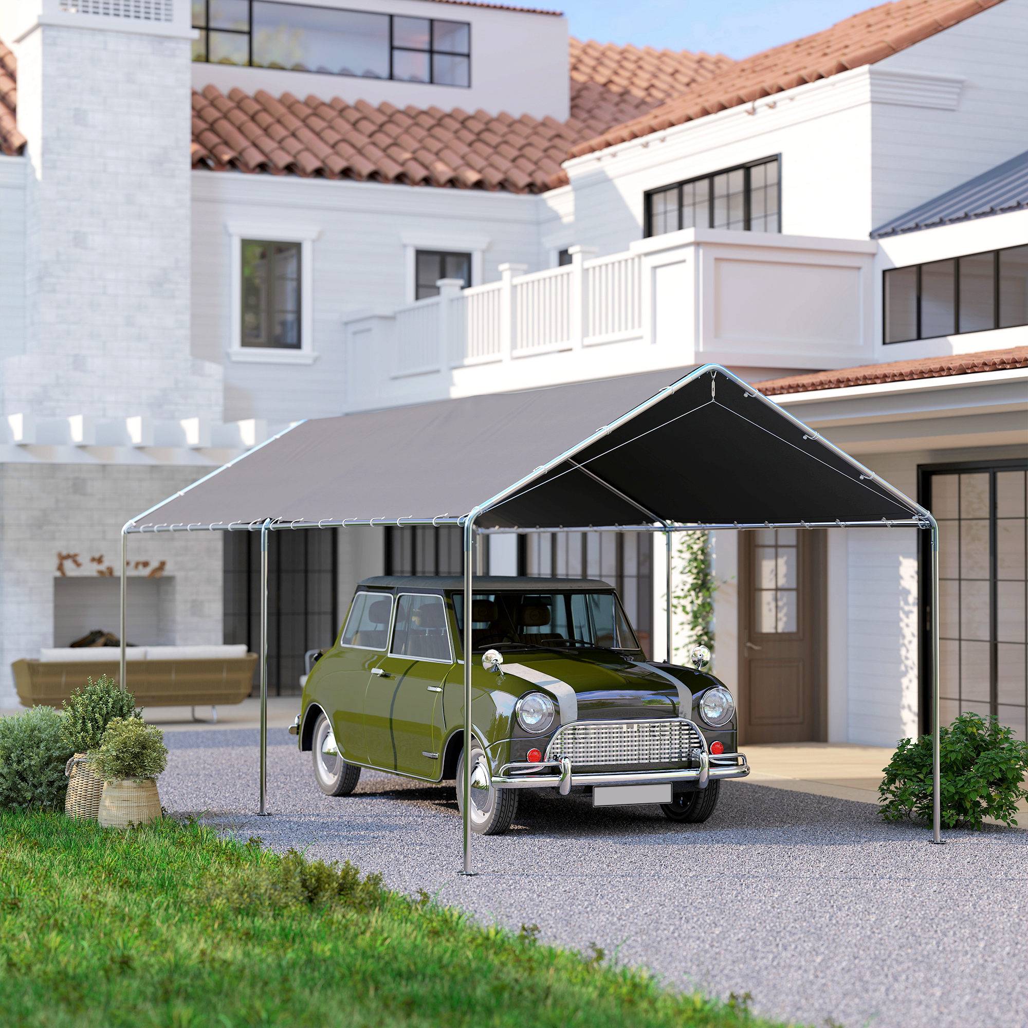 Carport Voiture Acier Extérieur Bâche Imperméable Double Pans 6x3m Gris - ComfortXL Outdoor Living - Image 10