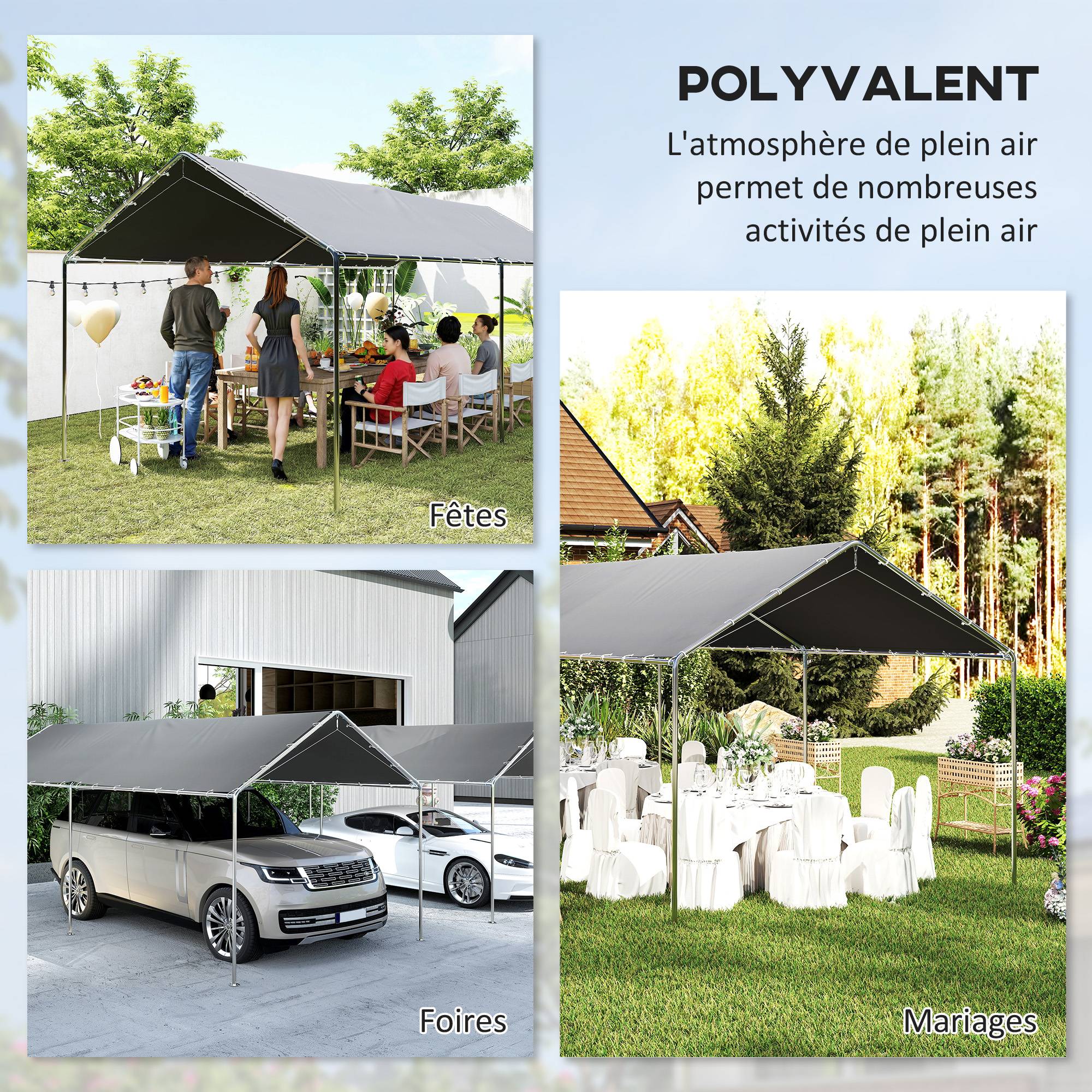 Carport Voiture Acier Extérieur Bâche Imperméable Double Pans 6x3m Gris - ComfortXL Outdoor Living - Image 9