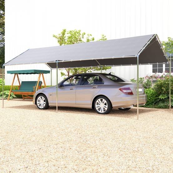 Carport Voiture Acier Extérieur Bâche Imperméable Double Pans 6x3m Gris - ComfortXL Outdoor Living - Image 3