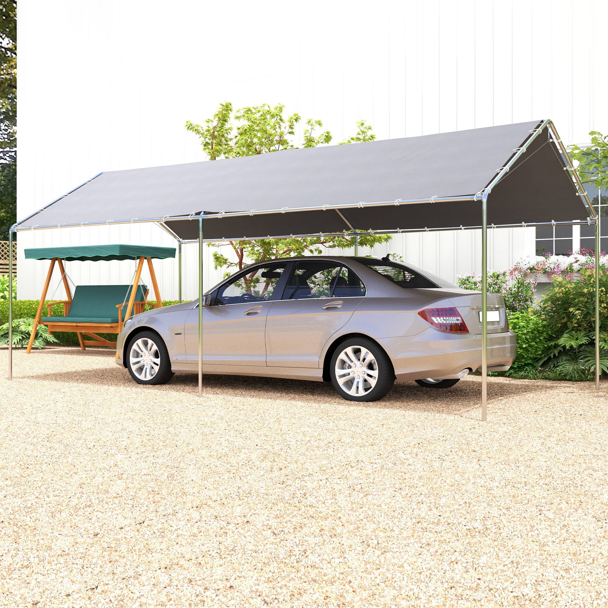 Carport Voiture Acier Extérieur Bâche Imperméable Double Pans 6x3m Gris - ComfortXL Outdoor Living - Image 3