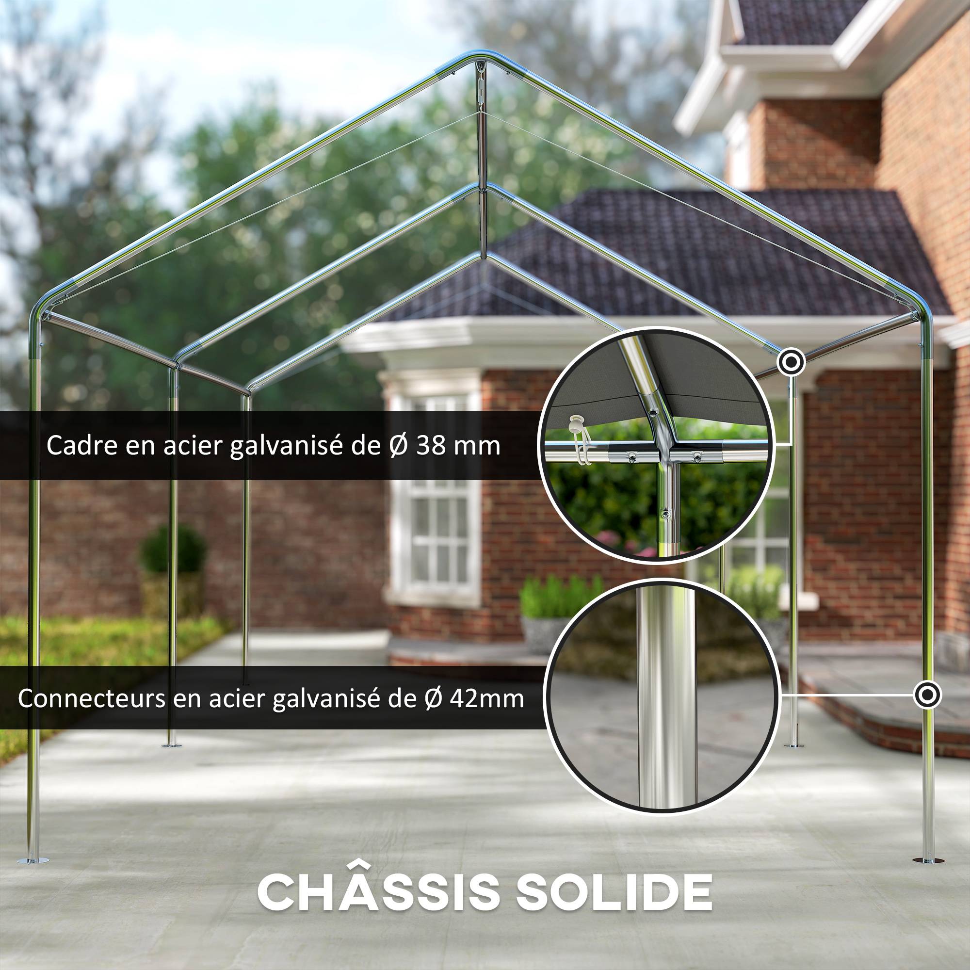Carport Voiture Acier Extérieur Bâche Imperméable Double Pans 6x3m Gris - ComfortXL Outdoor Living - Image 7