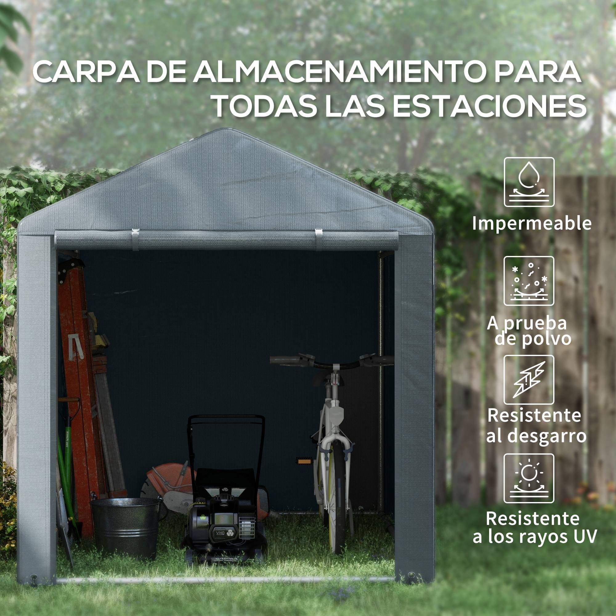 Abri à outils pour vélos et motos 1,6 x 2,2 x 1,7 m, 2 compartiments, porte zippée, imperméable, gris - Image 6