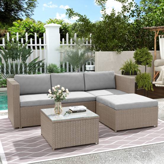 Salon de jardin 4 places avec canapé d'angle, table basse en verre, Polyrattan Khaki - PANGIVO - Image 3