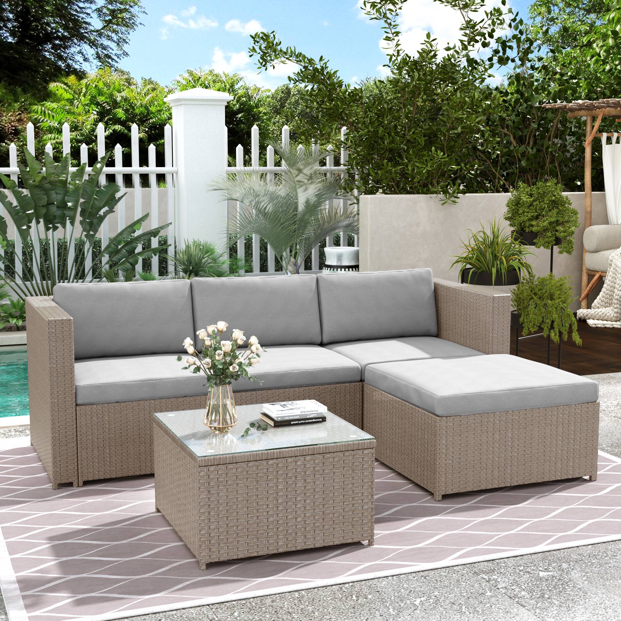 Salon de jardin 4 places avec canapé d'angle, table basse en verre, Polyrattan Khaki - PANGIVO - Image 3