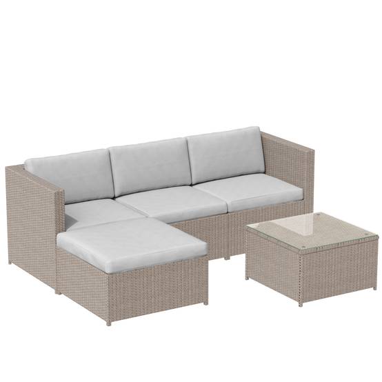 Salon de jardin 4 places avec canapé d'angle, table basse en verre, Polyrattan Khaki - PANGIVO - Image 9