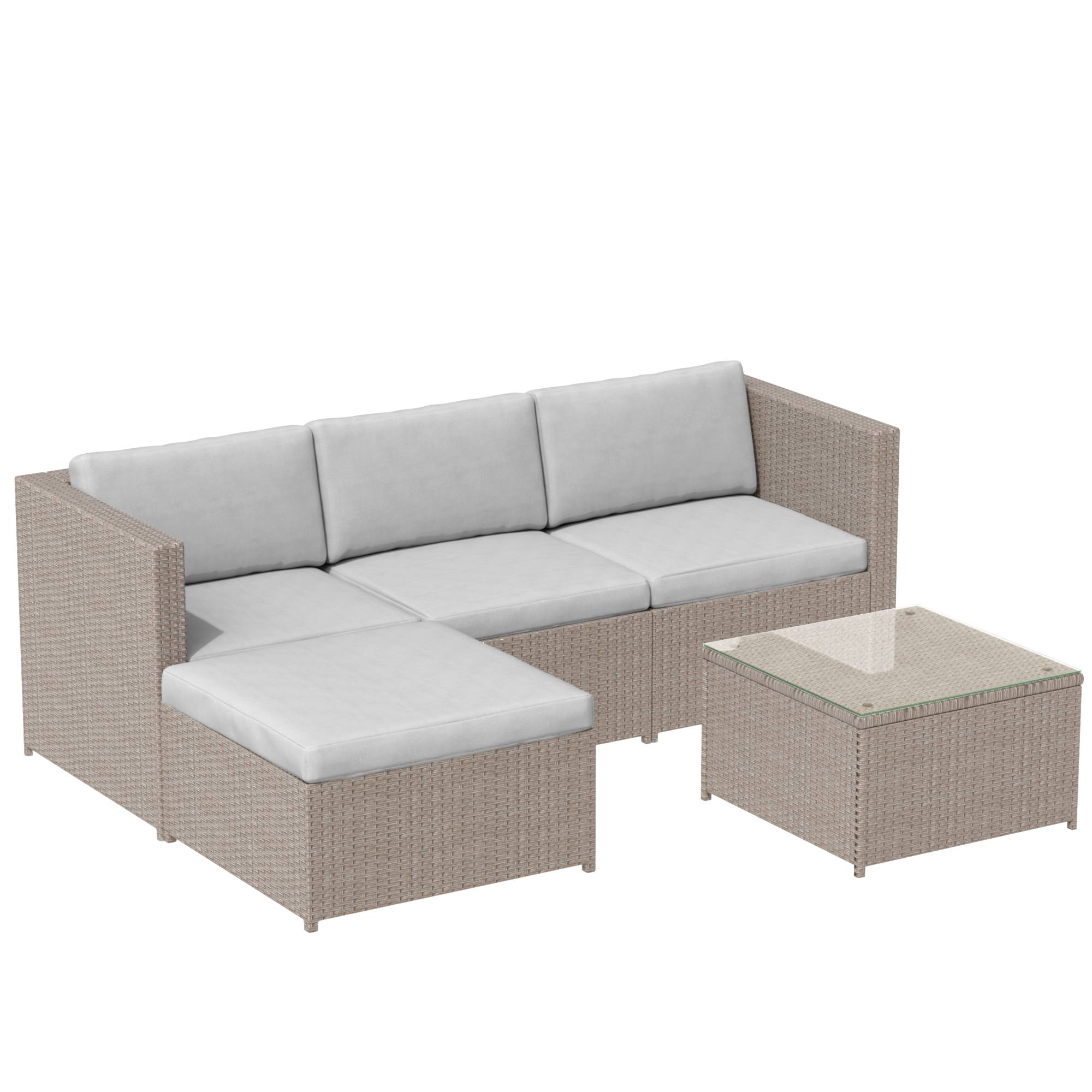 Salon de jardin 4 places avec canapé d'angle, table basse en verre, Polyrattan Khaki - PANGIVO - Image 9