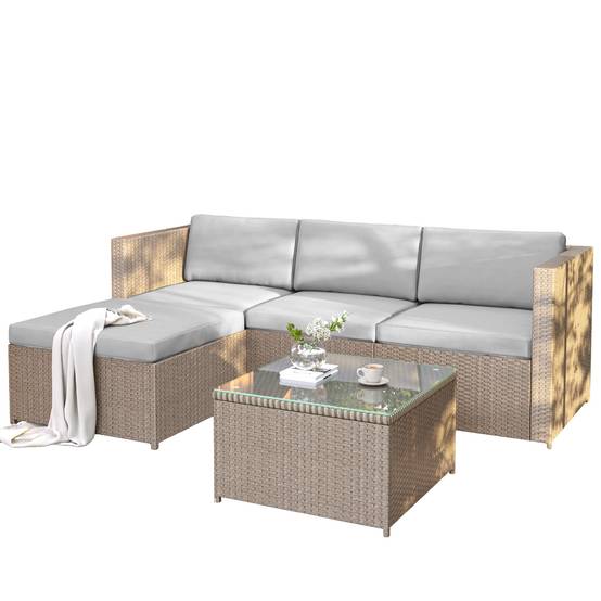 Salon de jardin 4 places avec canapé d'angle, table basse en verre, Polyrattan Khaki - PANGIVO - Image 7