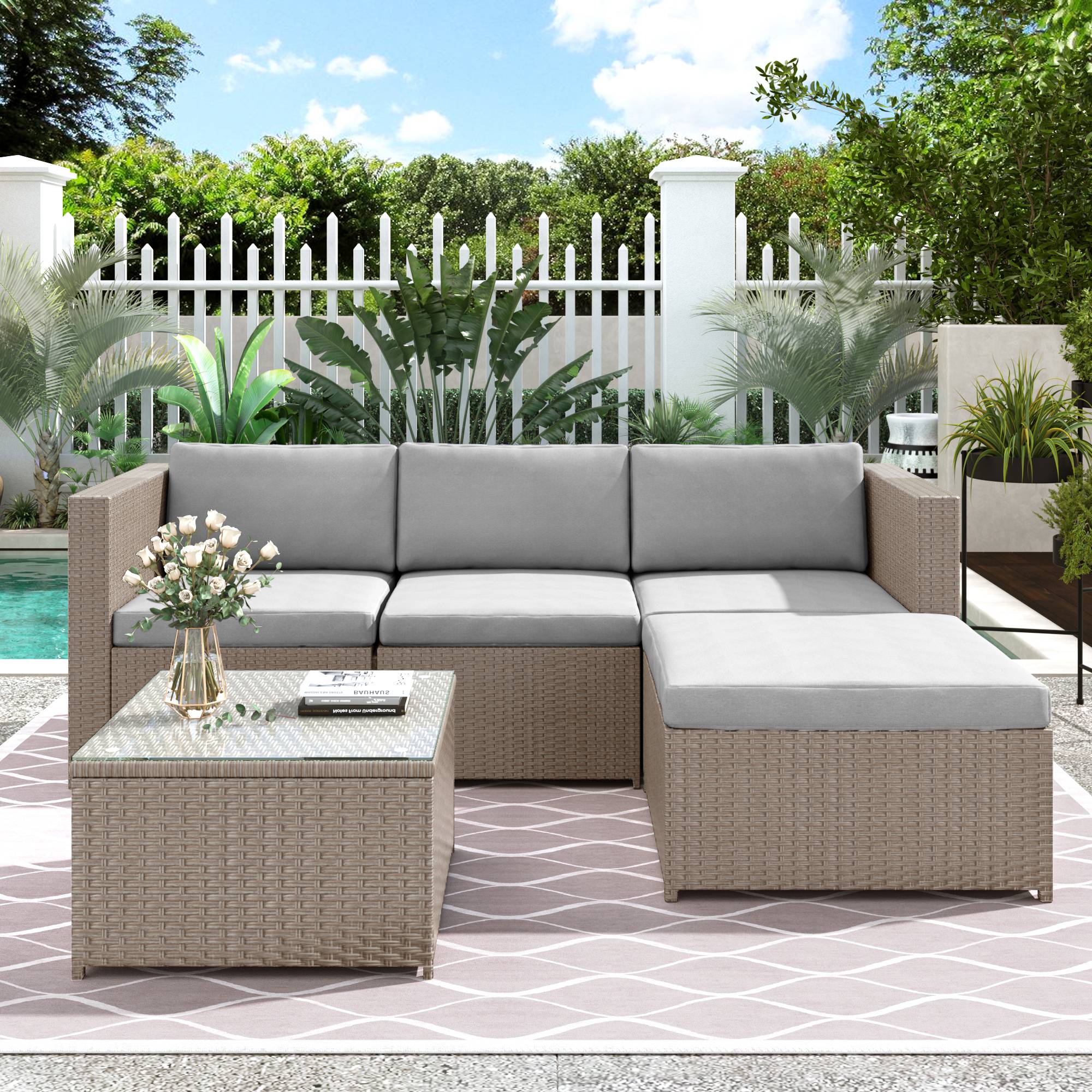 Salon de jardin 4 places avec canapé d'angle, table basse en verre, Polyrattan Khaki - PANGIVO - Image 4