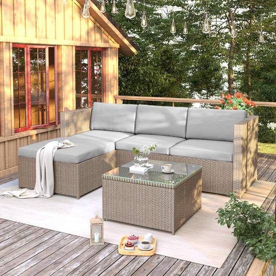 Salon de jardin 4 places avec canapé d'angle, table basse en verre, Polyrattan Khaki - PANGIVO - Image 1