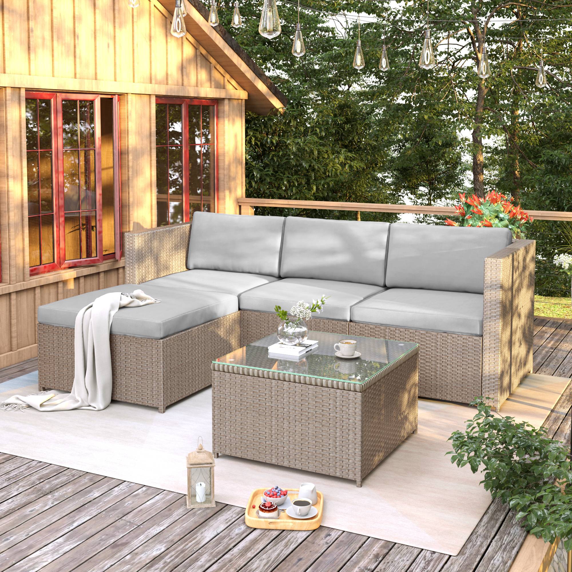 Salon de jardin 4 places avec canapé d'angle, table basse en verre, Polyrattan Khaki - PANGIVO - Image 1