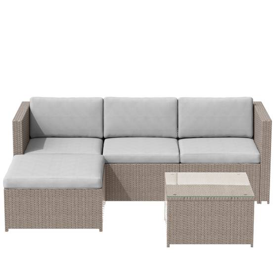Salon de jardin 4 places avec canapé d'angle, table basse en verre, Polyrattan Khaki - PANGIVO - Image 10