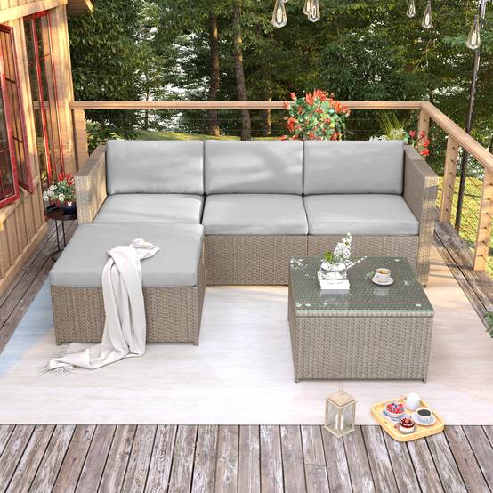 Salon de jardin 4 places avec canapé d'angle, table basse en verre, Polyrattan Khaki - PANGIVO - Image 2