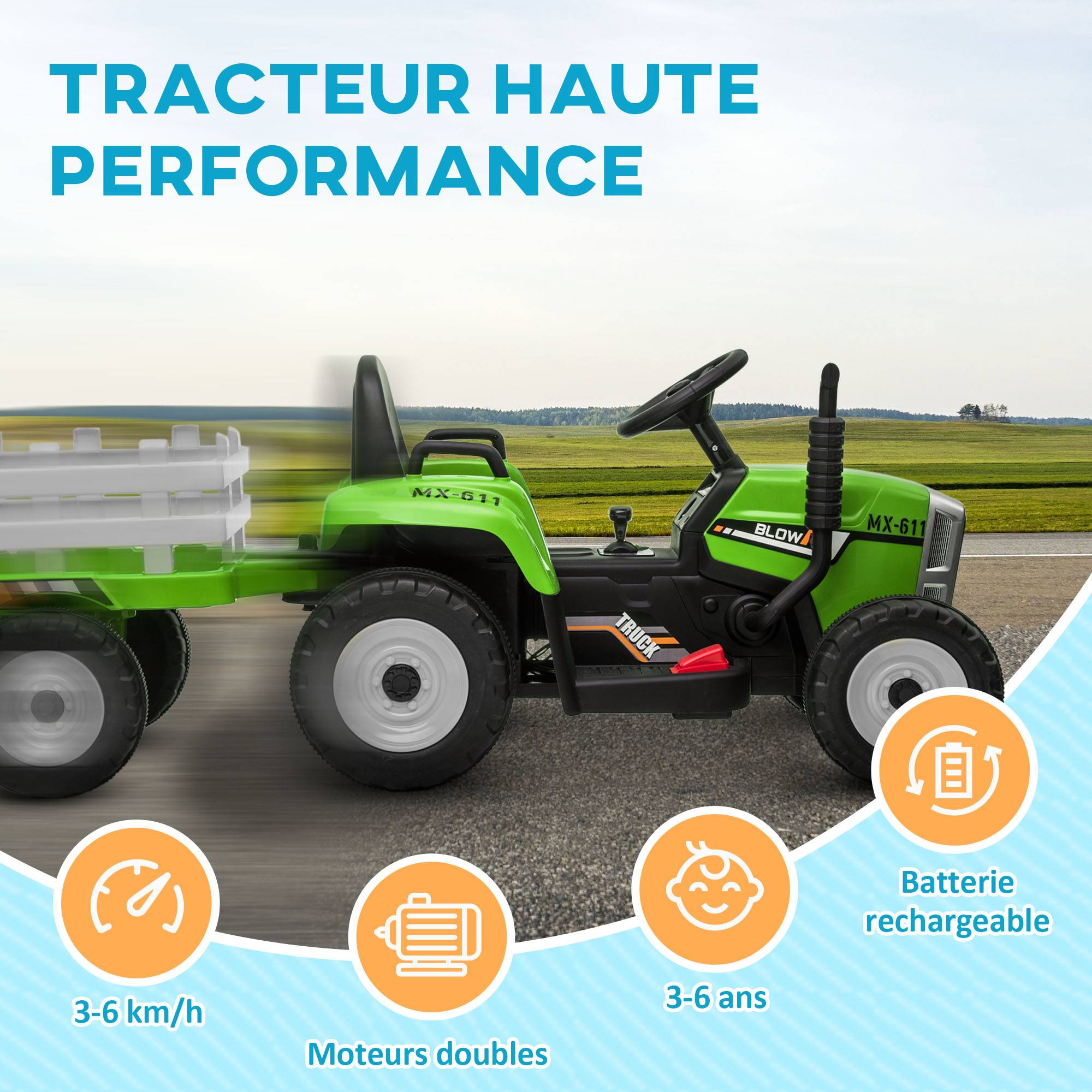 Tracteur électrique avec remorque amovible, pour enfants de 3 à 6 ans avec télécommande MP3 musique affichage lumières - Image 10