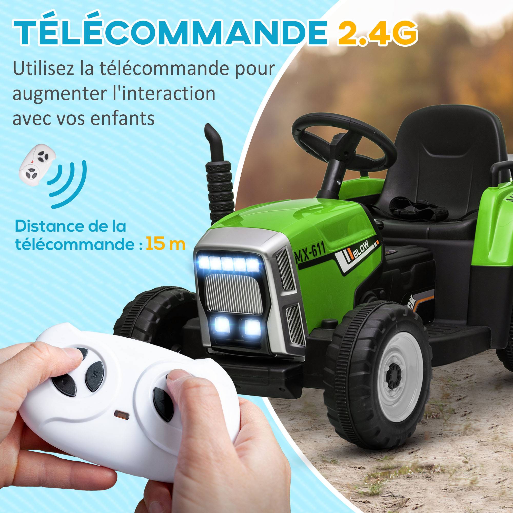 Tracteur électrique avec remorque amovible, pour enfants de 3 à 6 ans avec télécommande MP3 musique affichage lumières - Image 7
