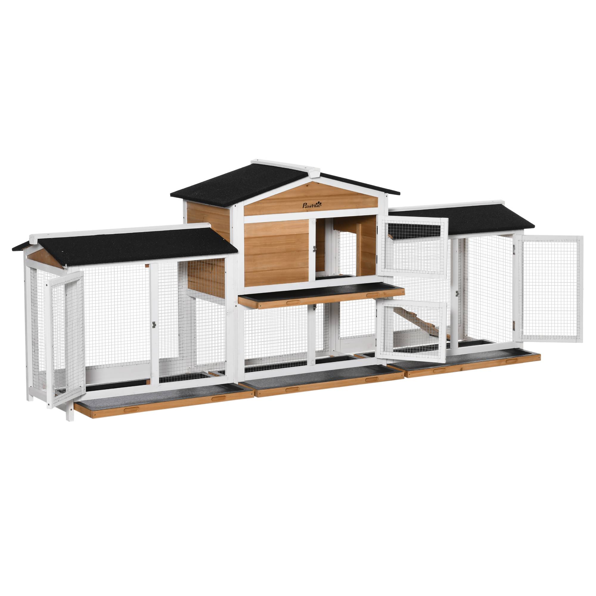 Cage petits animaux avec enclos, rampe, toit bitume, sapin, noir + blanc + naturel - Image 1