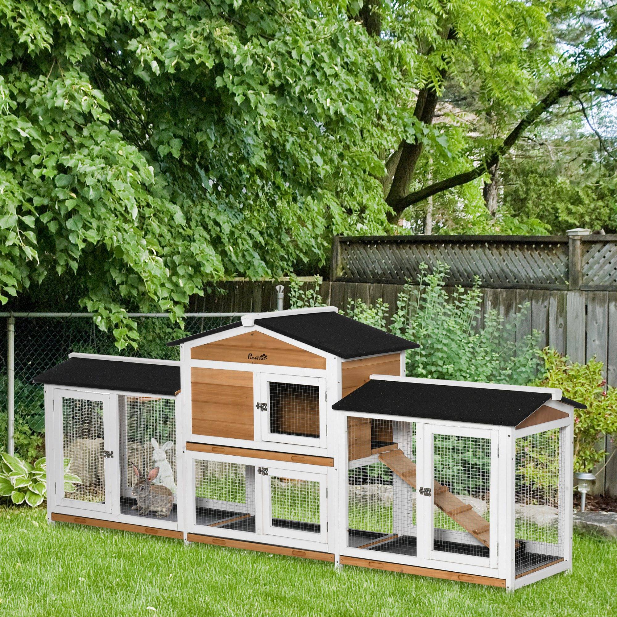 Cage petits animaux avec enclos, rampe, toit bitume, sapin, noir + blanc + naturel - Image 3