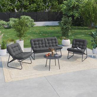 Salon de jardin bas ARONA 4 places en acier gris anthracite et coussins gris avec canapé, fauteuils et table