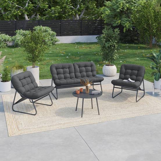 IDMARKET - Salon de jardin bas ARONA 4 places en acier gris anthracite et coussins gris avec canapé, fauteuils et table - Image 1
