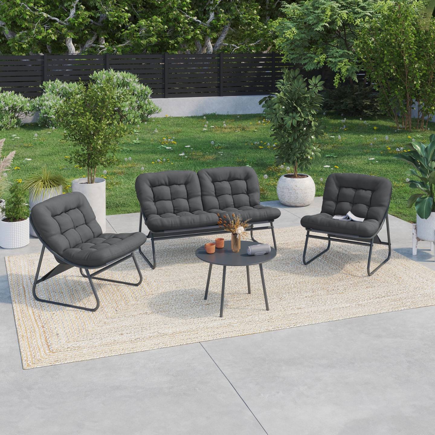 Salon de jardin bas ARONA 4 places en acier gris anthracite et coussins gris avec canapé, fauteuils et table