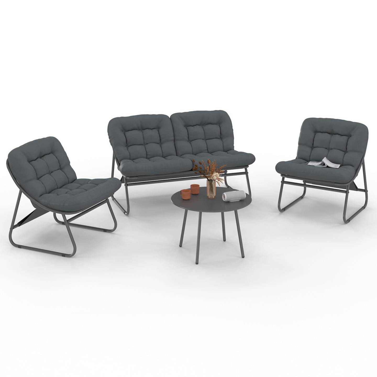 IDMARKET - Salon de jardin bas ARONA 4 places en acier gris anthracite et coussins gris avec canapé, fauteuils et table - Image 8
