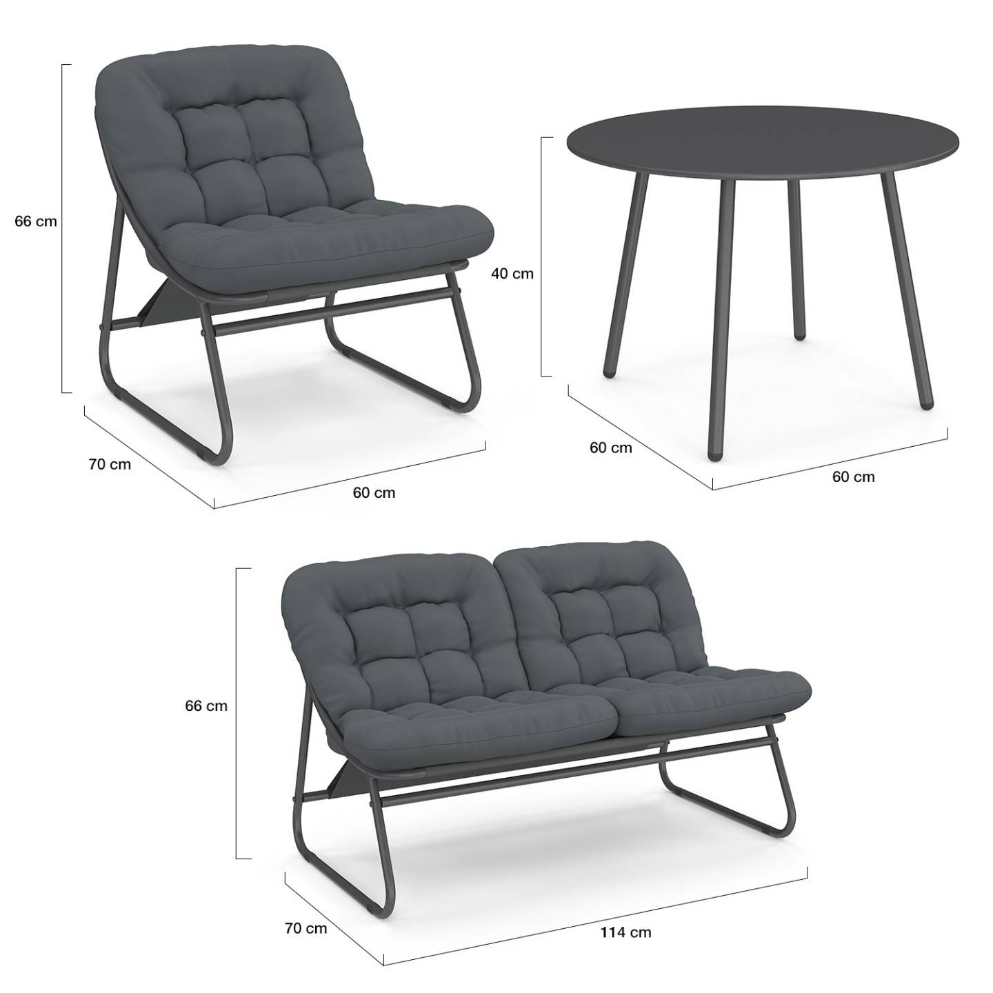 IDMARKET - Salon de jardin bas ARONA 4 places en acier gris anthracite et coussins gris avec canapé, fauteuils et table - Image 6