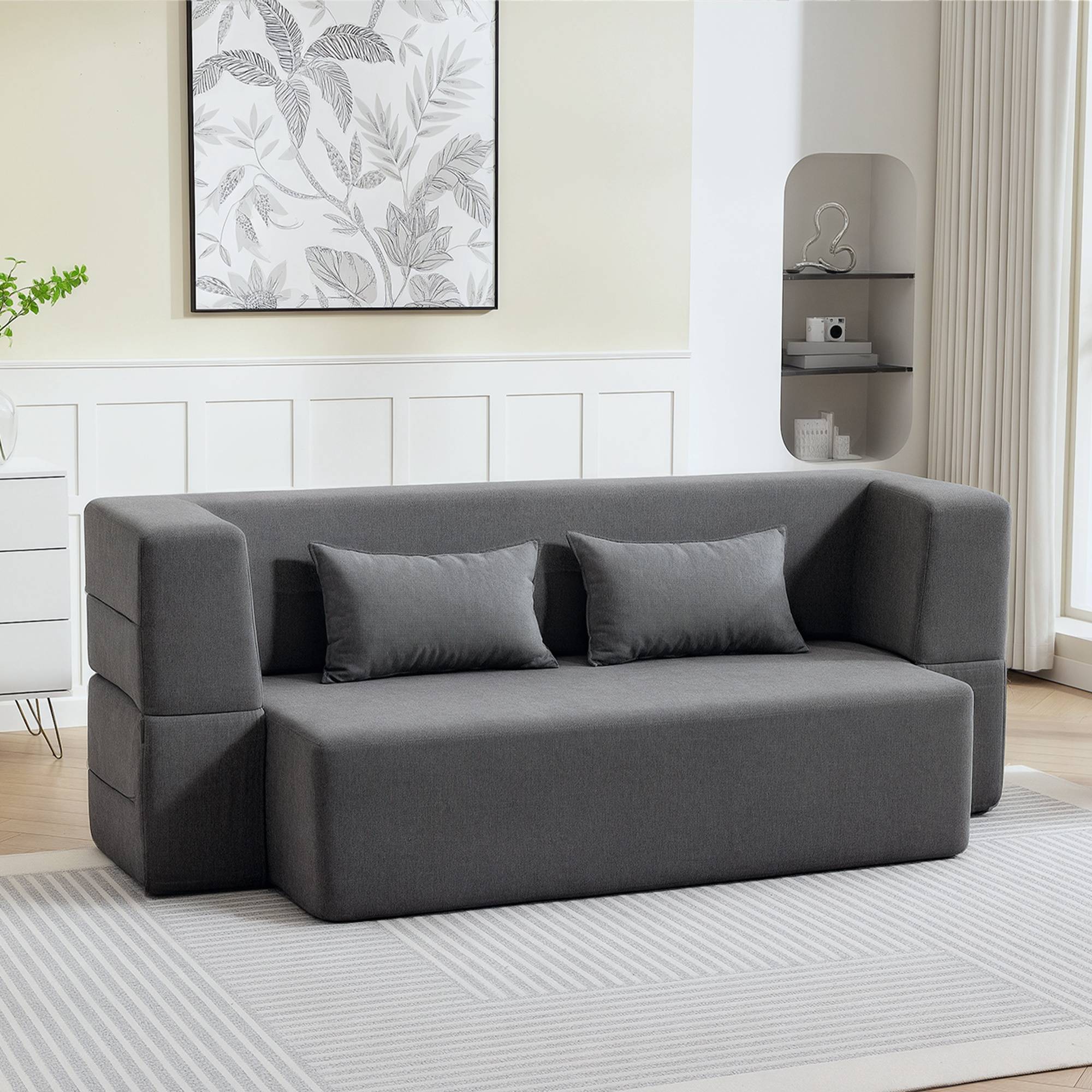 Canapé-lit 2 places en mousse, avec accoudoirs larges, 2 coussins, charge maximale 360 kg, gris - Image 4