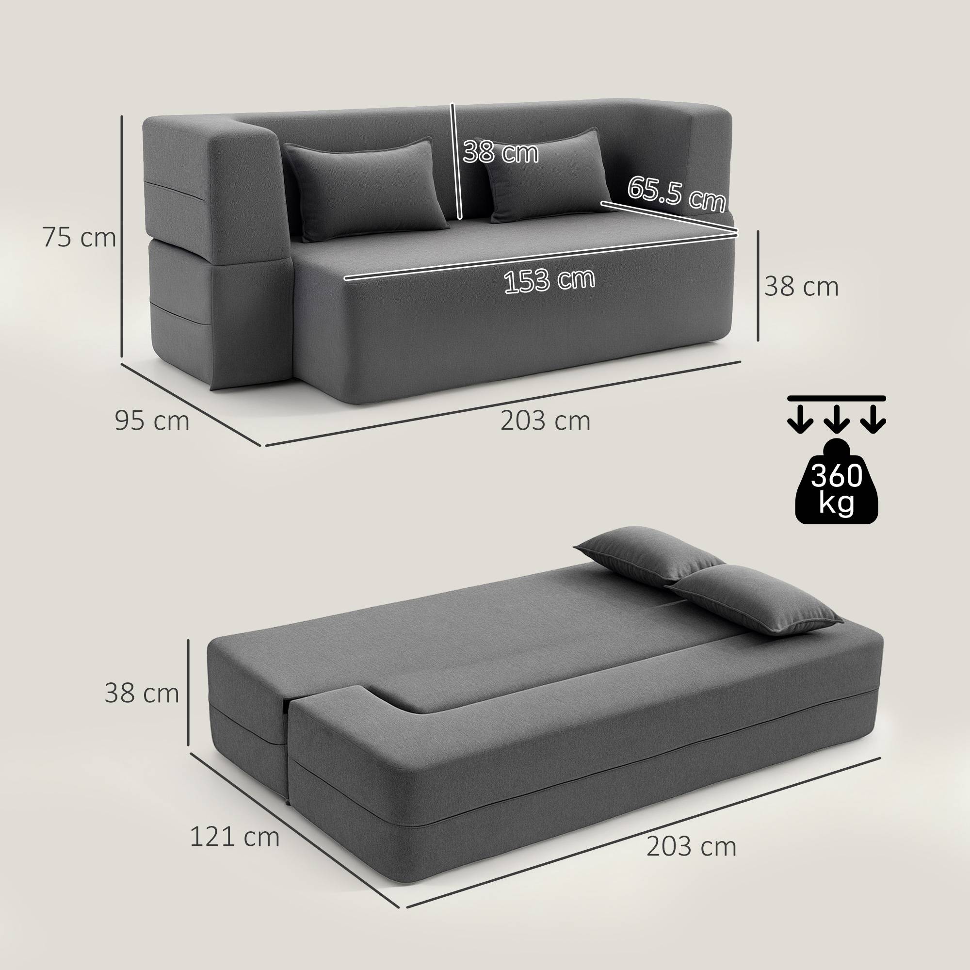 Canapé-lit 2 places en mousse, avec accoudoirs larges, 2 coussins, charge maximale 360 kg, gris - Image 5