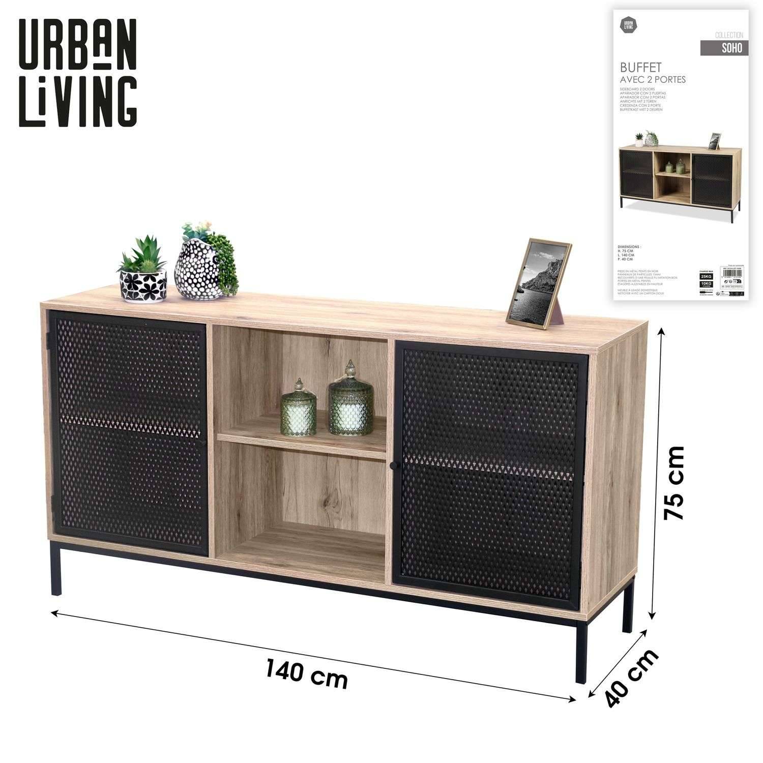 Buffet 2 portes Soho en bois et métal - Beige et noir - Urban Living - Image 2